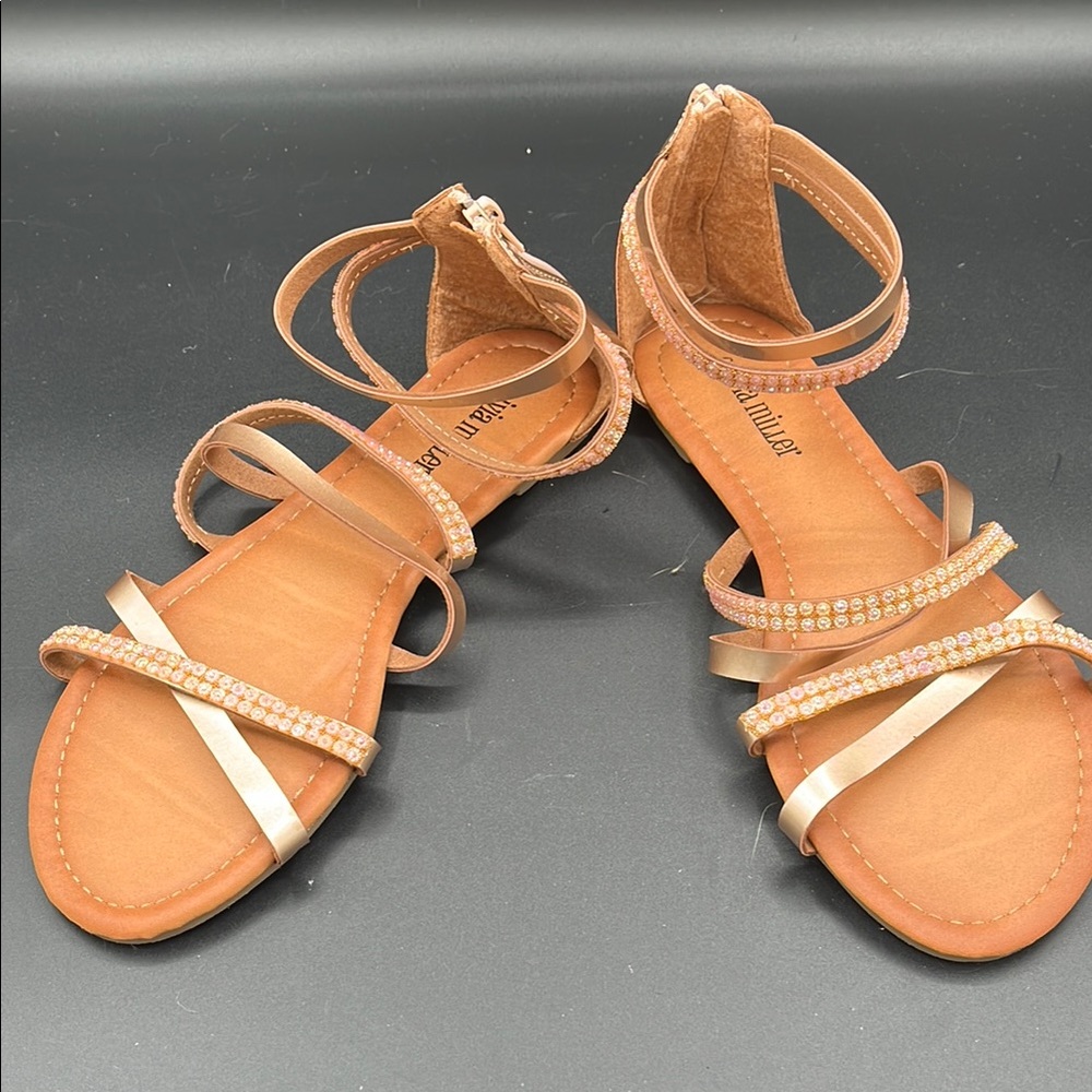 Olivia Miller Gold Sandals with Rhinestone Ankle Straps